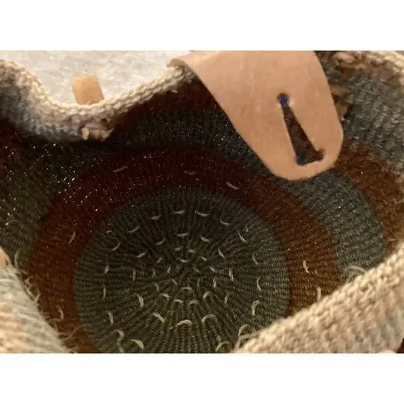 Vtg Woven Jute Leather Strap Straw Sisal Market Round Tote Shoulder Bag Purse - Picture 8 of 12